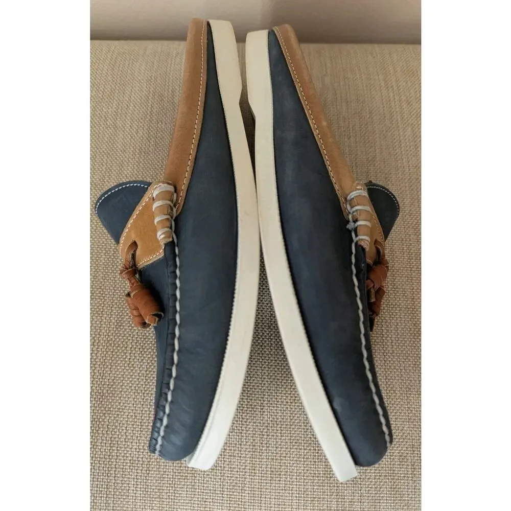Talbots Women's Navy Tan Leather Nassau Slip On Loafers Mules Slides Size 9.5 N